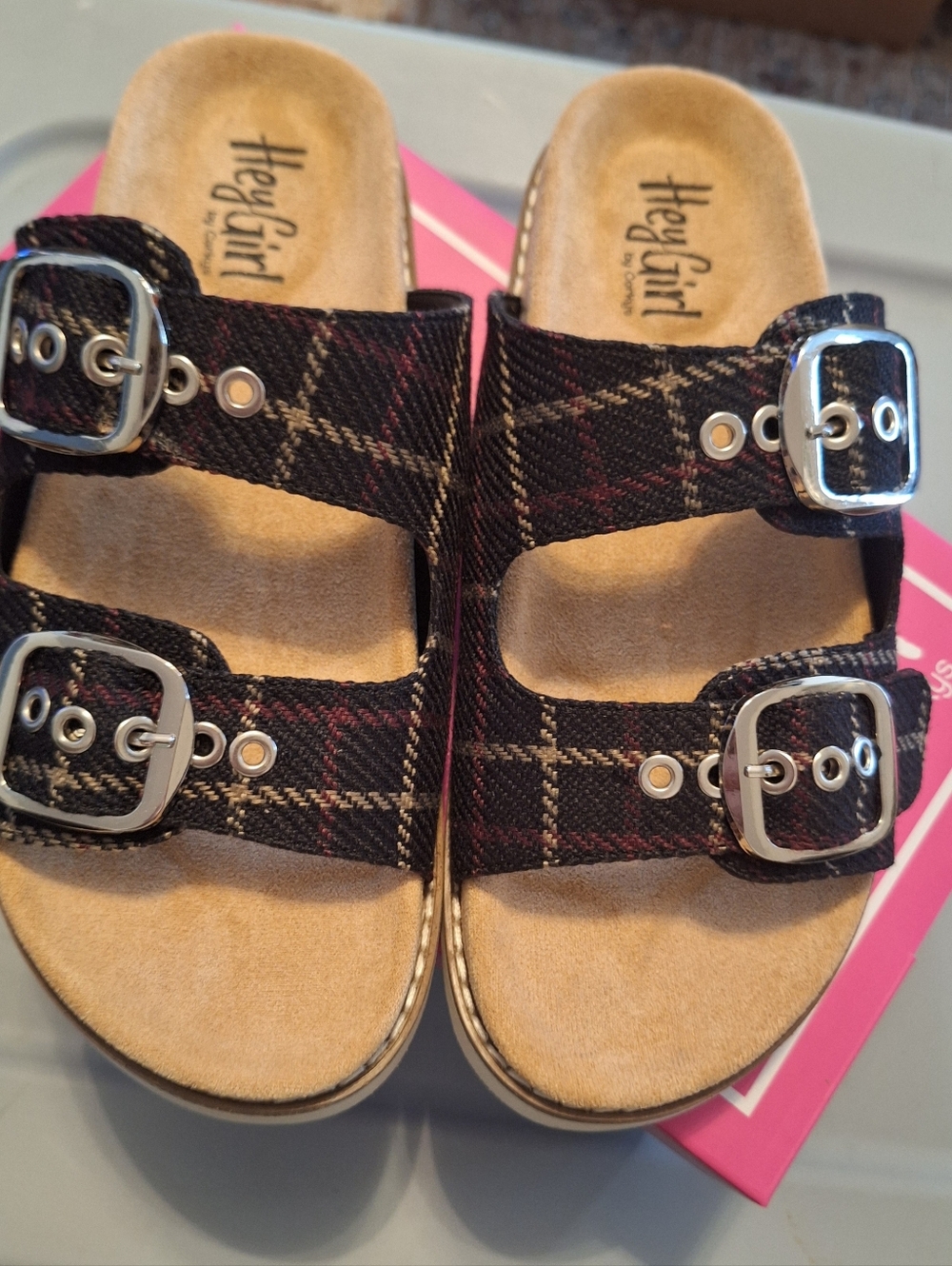 Hey Girl by Corkys "Feelin Saucy" Black Plaid Double Buckle Sandles Women Size 9